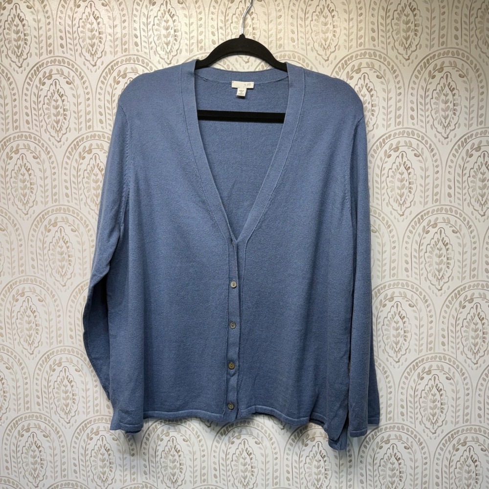 J. Jill Cardigan Women 2X Blue Cotton Silk Wool Blend V-Neck Button Up Sweater